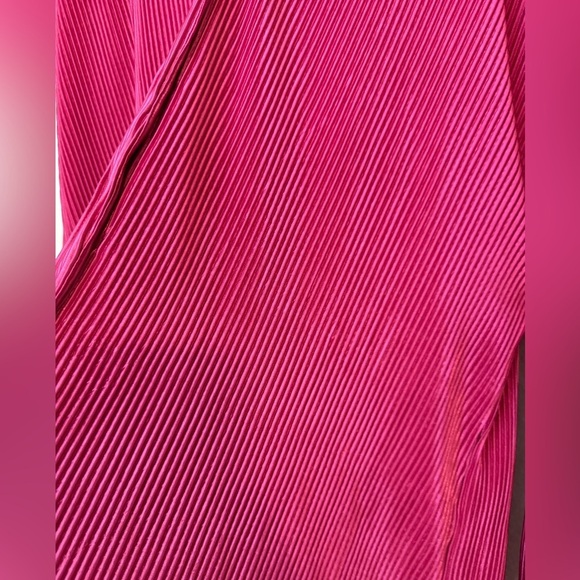 Hot Pink Plisse Button-Up Long Sleeve Belted Shirt Dress, Hot Pink Mini Dress - Picture 6 of 10